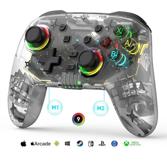 Wireless Game Controller for Switch/PS/PC/iOS/Android, Clear Transparent Shell with RGB Light, Programmable M1/M2 Buttons