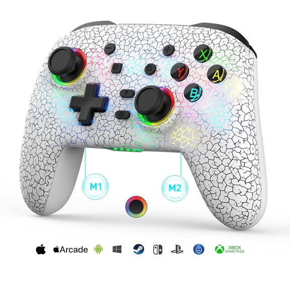 Wireless Game Controller for Switch/PS/PC/iOS/Android, White Crack Shell with RGB Light, Programmable M1/M2 Buttons