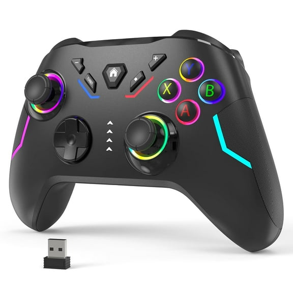 Wireless Gaming Controller - 2.4G Connectivity for Nintendo Switch/Steam Deck/PC - 9 Color LED Light, Turbo Function, Adjustable Vibration, Headphone Jack-Black