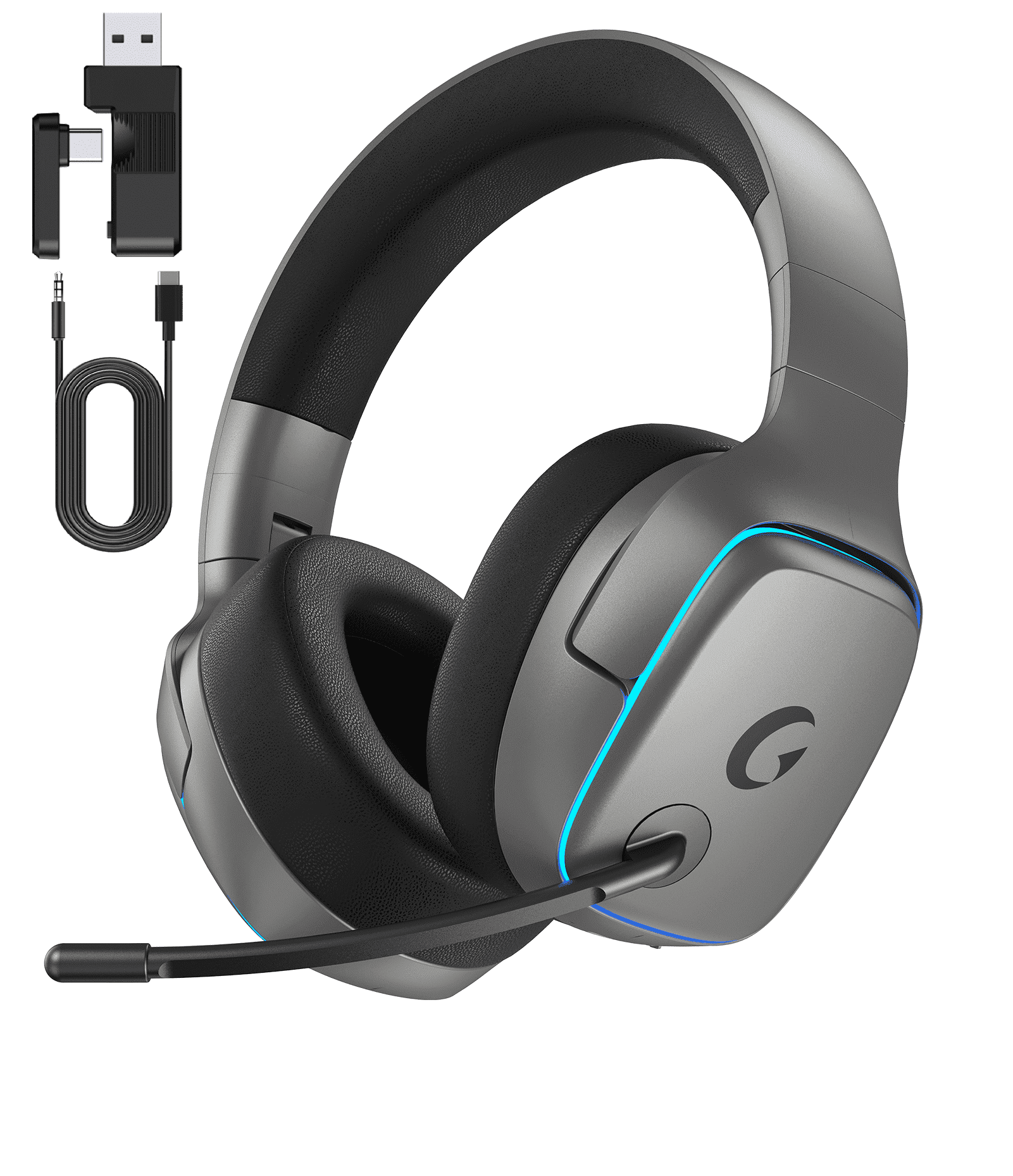 Wireless Gaming Headset 2.4GHz for PS5/PS4/PC/Switch,Bluetooth 5.3 Headphones with Noise-Canceling Mic, 7.1 Surround Sound, 70H Battery Life, RGB Lights, Foldable, Portable-Light gray-black