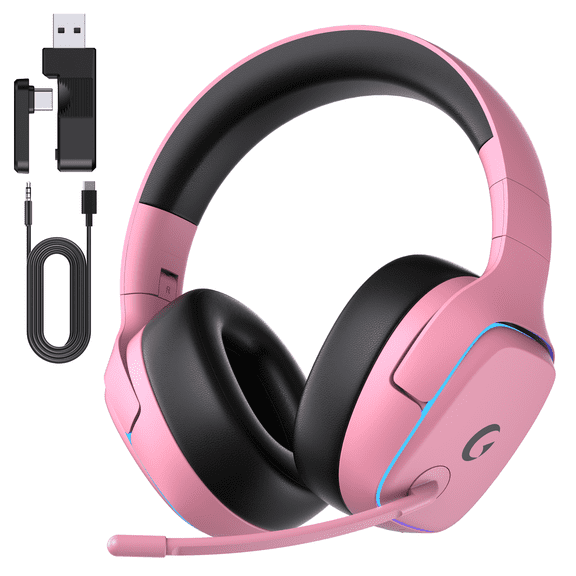 Wireless Gaming Headset 2.4GHz for PS5/PS4/PC/Switch,Bluetooth 5.3 Headphones with Noise-Canceling Mic, 7.1 Surround Sound, 70H Battery Life, RGB Lights, Foldable, Portable-light&purple