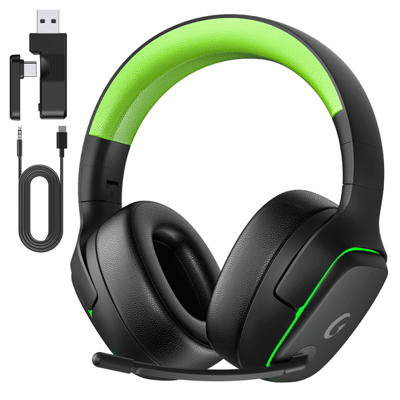 Wireless Gaming Headset 2.4GHz for PS5/PS4/PC/Switch/Xbox - Bluetooth 5.3 Headphones with Noise-Canceling Mic, 7.1 Surround Sound, 70H Battery Life, RGB Lights, Foldable, Portable-Black&Green