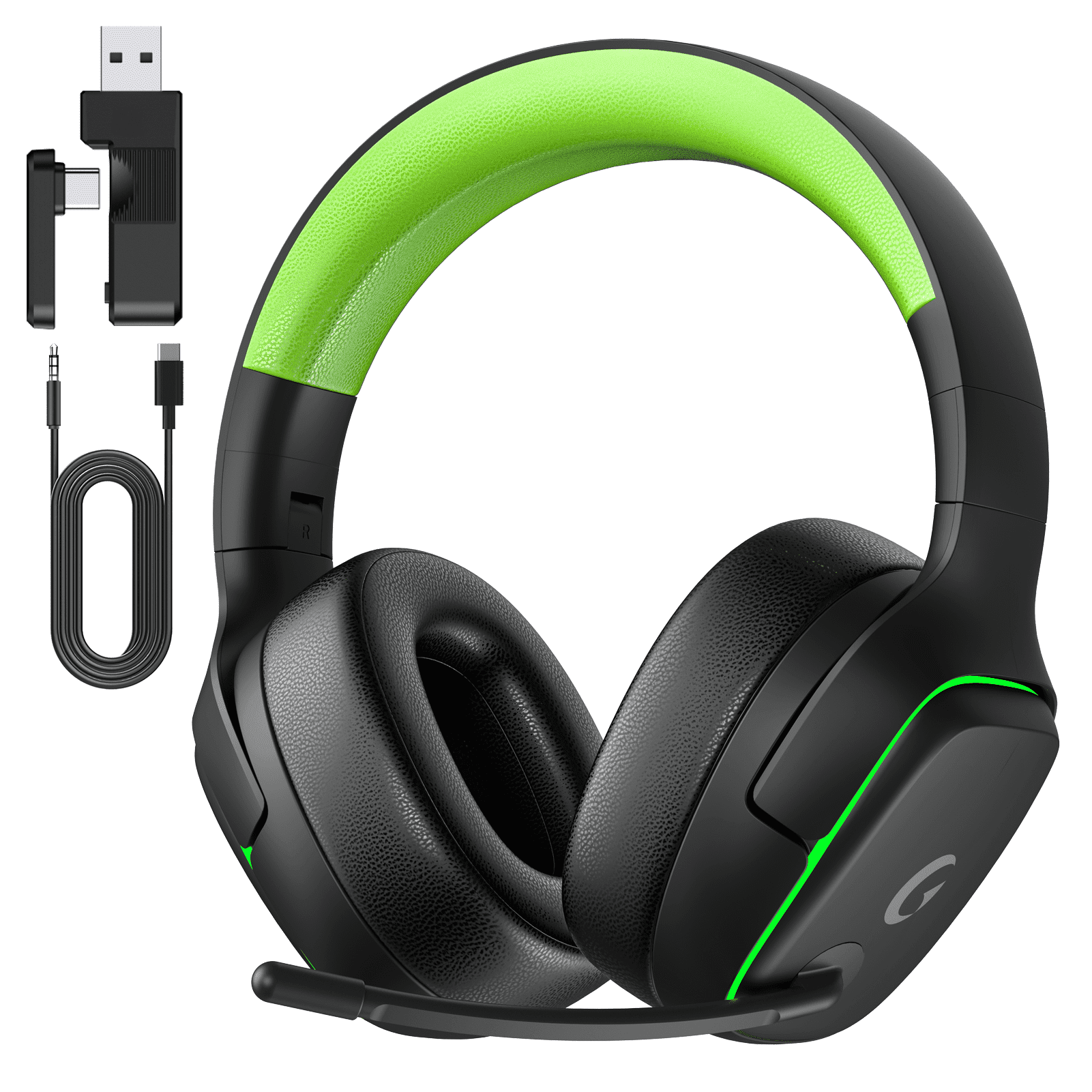 Wireless Gaming Headset 2.4GHz for PS5/PS4/PC/Switch,Bluetooth 5.3 Headphones with Noise-Canceling Mic, 7.1 Surround Sound, 70H Battery Life, RGB Lights, Foldable, Portable-Black&Green