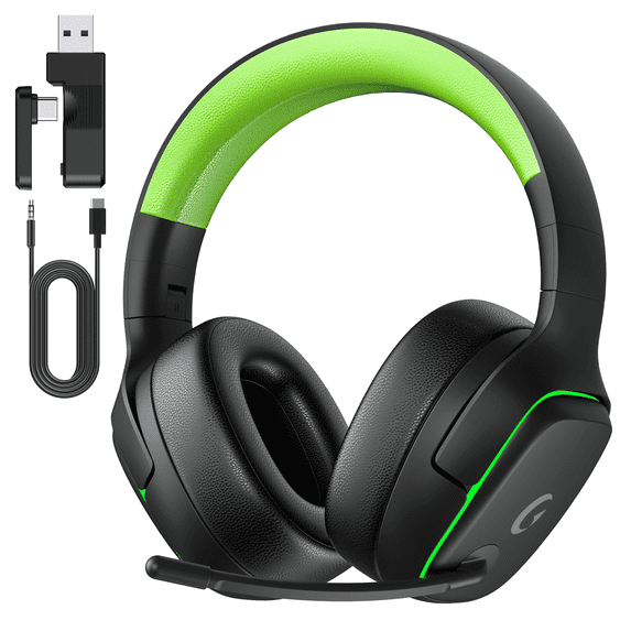 Wireless Gaming Headset 2.4GHz for PS5/PS4/PC/Switch,Bluetooth 5.3 Headphones with Noise-Canceling Mic, 7.1 Surround Sound, 70H Battery Life, RGB Lights, Foldable, Portable-Black&Green