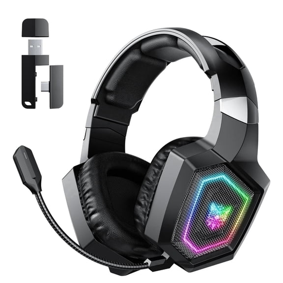 Wireless Gaming Headset for PS5/PC/PS4/Nintendo Switch,2.4G/Bluetooth Gaming Headphones with Detachable Noise Canceling Mic,7.1 Surround Sound,RGB Lighting, Black