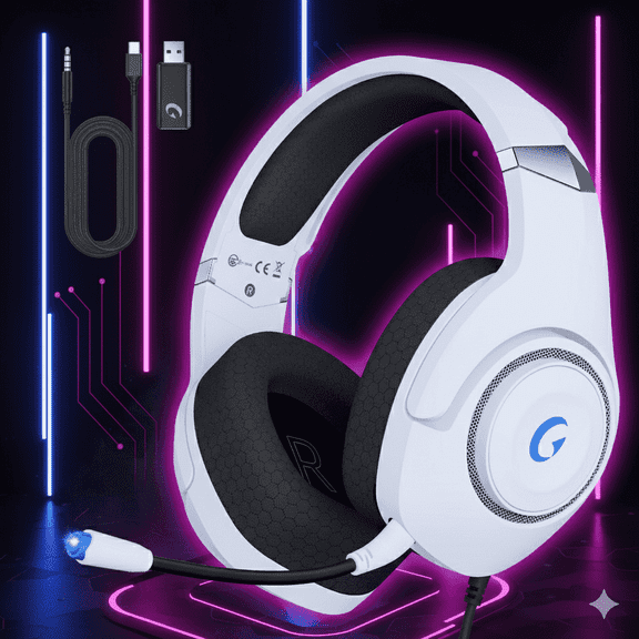 Wireless Gaming Headset for PS5 PC & Mobile, 2.4GHz USB-C BT 5.2, 40H,with Detachable Noise Cancelling Mic, White