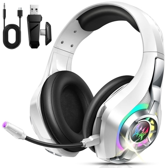 2.4GHz & Bluetooth Wireless Gaming Headset for PS4/PS5/Xbox/Switch/PC - ENC Noise Cancelling Mic Gaming Headphones with 4 Connections/3D Surround Sound/LED Light - 45H Battery Over Ear Headphones