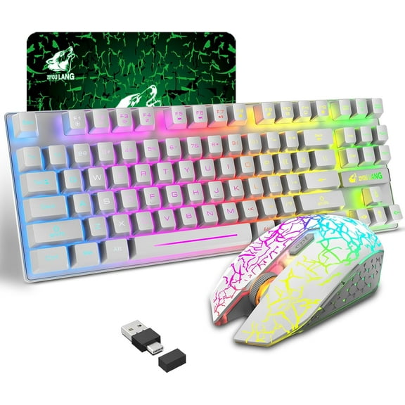 Wireless Gaming Keyboard and Mouse Combo with 87 Key Rainbow LED Backlight Rechargeable 3800mAh Battery Mechanical Feel Anti-ghosting Ergonomic Waterproof RGB Mute Mice for Computer PC Gamer (White)