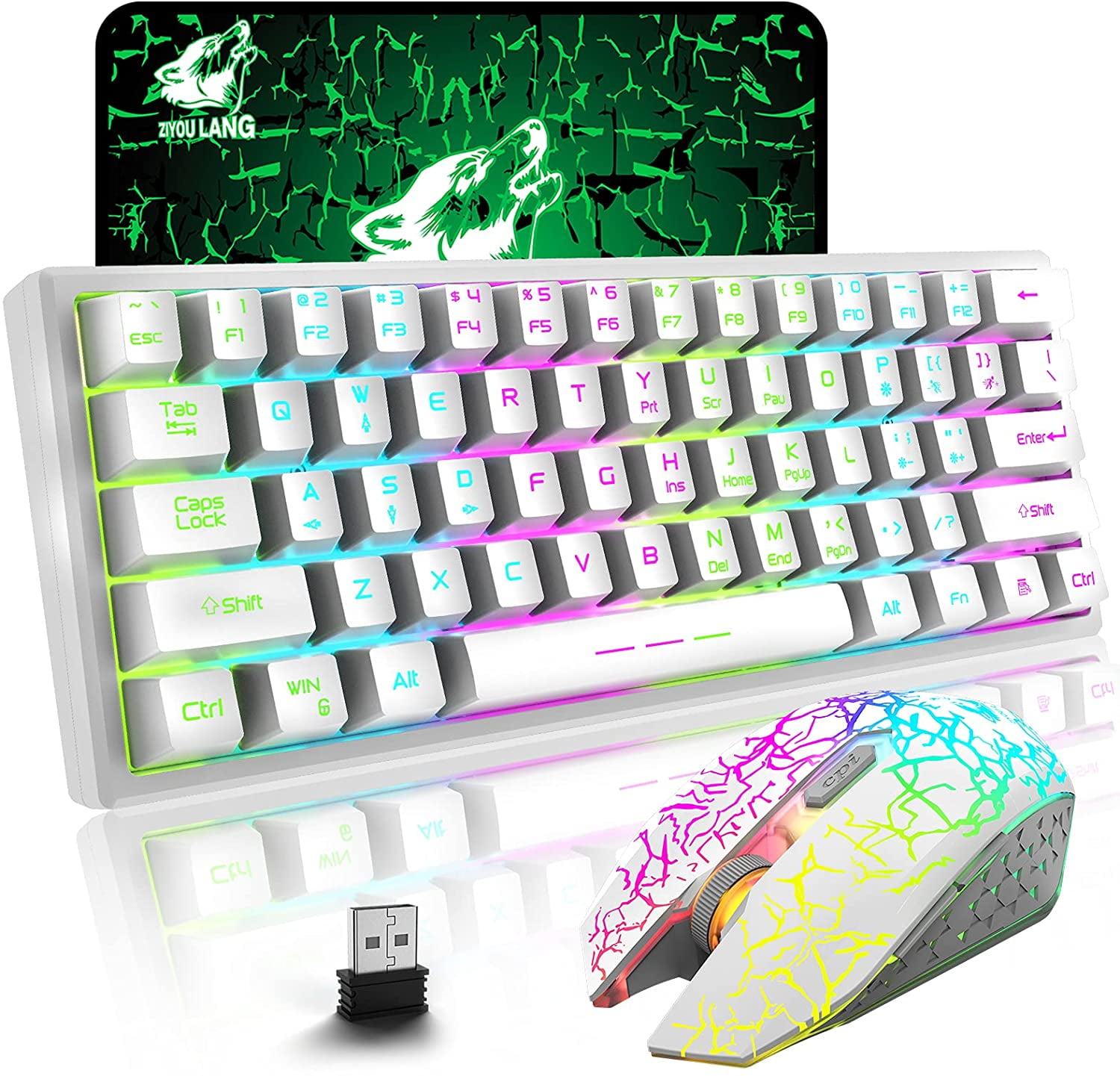 Wireless Gaming Keyboard and Mouse Combo with Ergonomic 61 Key Rainbow LED  Backlight Mechanical Feel Rechargeable RGB Mute Mice for PC MAC Gamer  Office Typists(White) 