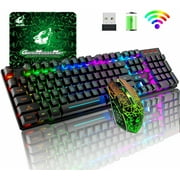 Wireless Gaming Keyboard and Mouse Combo with Mouse Pad, Rainbow LED Backlit Rechargeable Battery Mechanical Ergonomic Feel Dustproof 7 Color Backlit Mute Mice for Computer for Mac for PC Gamer