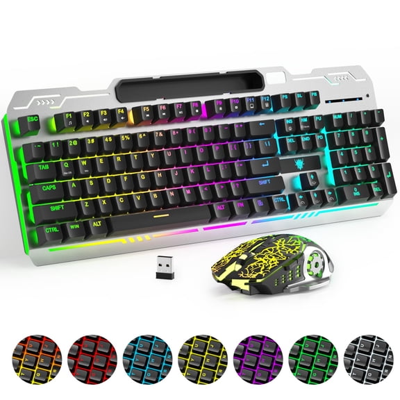Wireless Gaming Keyboard and Mouse Combo, RGB Backlit Rechargeable 2000 mAh Battery, Mechanical Feel Anti-ghosting Keyboard + 6D 4800DPI Mice for PC Gamer