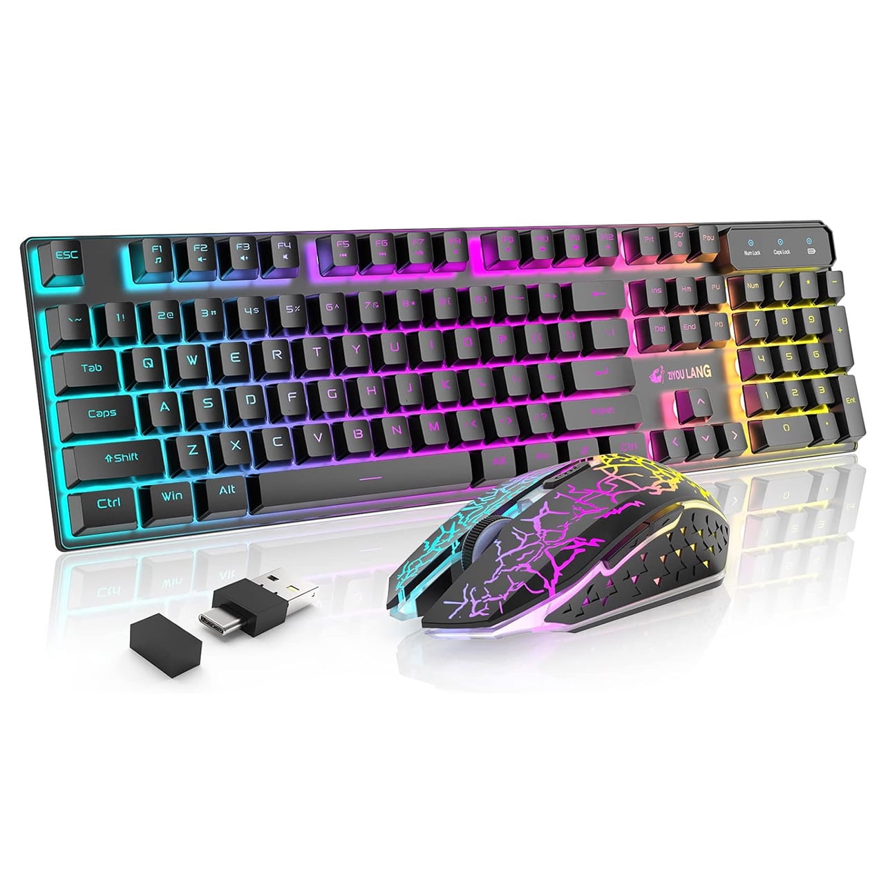 Wireless Gaming Keyboard and Mouse Combo Rainbow Backlight Quiet Ergonomic Mechanical Feeling Anti-ghosting Keyboard Mouse with Rechargeable 4000mAh Battery Mouse Pad for Computer Mac Gamer