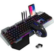 Wireless Gaming Keyboard and Mouse Combo,Rainbow LED Backlit Keyboard with Rechargeable 3800mAh Battery Metal Panel,Removable Wrist Rest Mechanical Feel and 7 Color Mute Gaming Mice for PC PS4 PS5