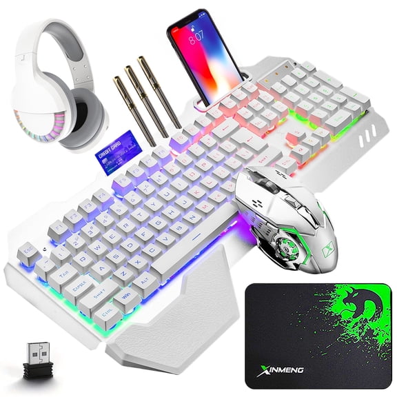 Wireless Gaming Keyboard & Mouse & Headset & Mouse Pad Combo Set 4 in 1,16 RGB Backlit Rechargeable Keyboard with Palm Rest,7 Backlit Gaming Mouse & RGB Bluetooth Headphones for Laptop Computer PC