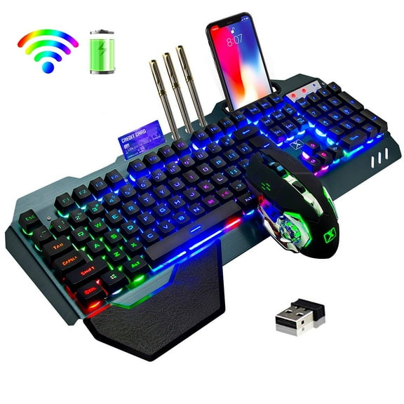 Wireless Gaming Keyboard and Mouse,Rainbow Backlit Rechargeable Keyboard Mouse with 3800mAh Battery Metal Panel,Removable Hand Rest Mechanical Feel Keyboard and 7 Color Gaming Mute Mouse for PC Gamers