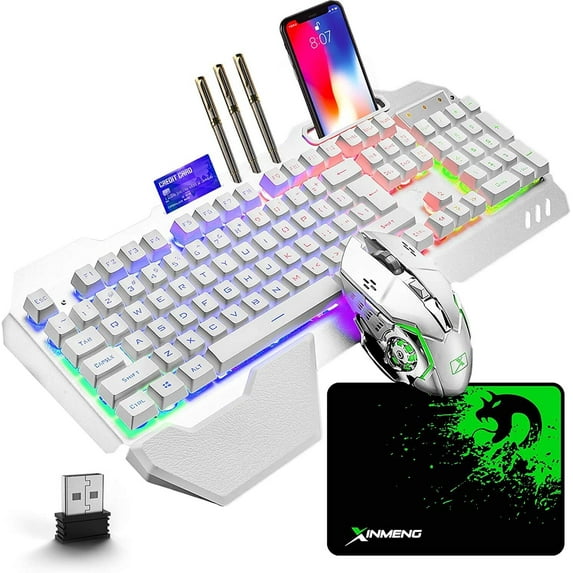 Wireless Gaming Keyboard and Mouse,RGB Backlit Rechargeable Keyboard Mouse with 5000mAh Battery Metal Panel,Removable Hand Rest Mechanical Feel Keyboard and 7 Color Gaming Mute Mouse for PC Gamers