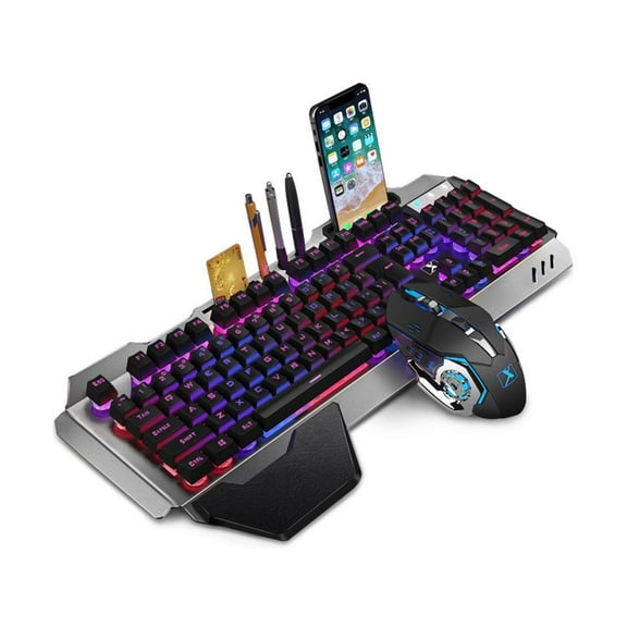 Wireless Gaming Keyboard and Mouse,Rainbow Backlit Rechargeable Keyboard Mouse with 3000mAh Battery Metal Panel,Removable Hand Rest Mechanical Feel Keyboard and 7 Color Gaming Mute Mouse for PC Gamers