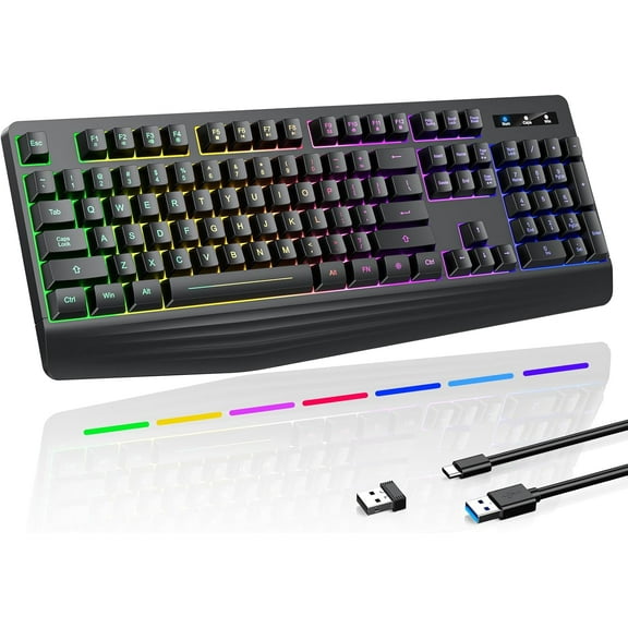 Wireless Gaming Keyboard, RGB & Single-Color Backlit, Full-Size Waterproof Computer Keyboard, Silent Keys, Wrist Rest, Sleep Mode, Rechargeable 2.4G Wireless Keyboardfor Windows, Mac, PC, Laptop