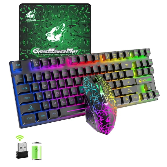 Wireless Gaming Keyboard and Mouse Combo, 87-Key TKL Rainbow Backlit Keyboard