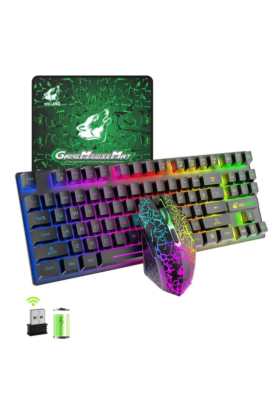 Wireless Gaming Keyboard and Mouse Combo, 87-Key TKL Rainbow Backlit Keyboard