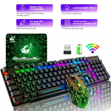 Wireless Gaming Keyboard and Mouse Combo Set With Mouse Pad Rainbow Color Backlit USB Keyboard RGB LED Keyboard For PC Gamer