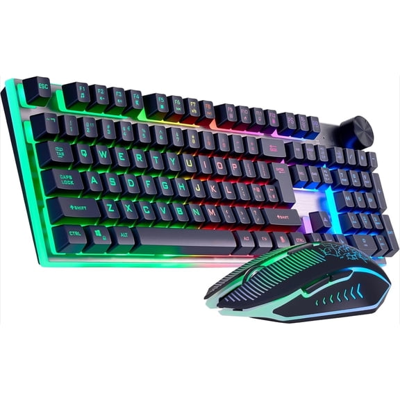 Wireless Gaming Keyboard with knob and Mouse Combo USB Dongle 2.4G Rechargeable 3000mAH Battery RGB Backlit Stainless Panel 4200DPI