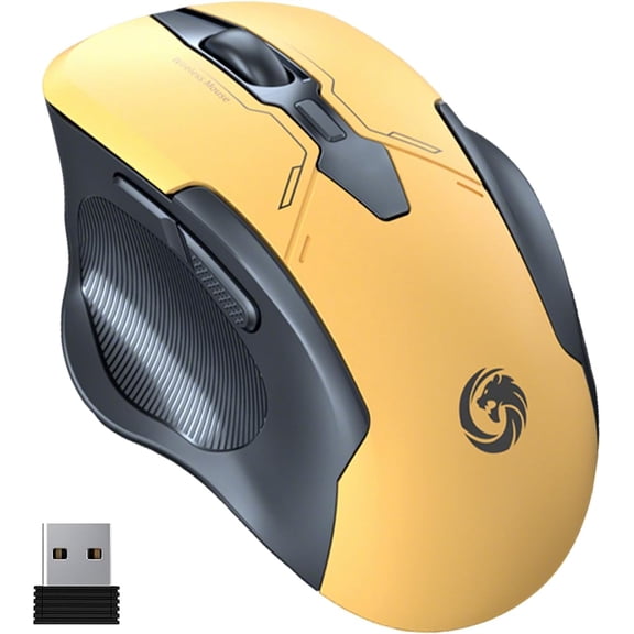 Wireless Gaming Mouse, 2.4G & Bluetooth Dual Mode, Silent Click, 3 Adjustable DPI Up to 1600, 500mAh Rechargeable, Right-Hand Ergonomic Mouse for PC Laptop Mac (Yellow)