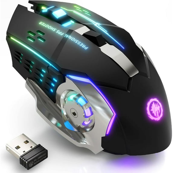 Wireless Gaming Mouse Bluetooth RGB Rechargeable 2.4G USB Cordless Computer Mice with 7 Color Backlit, 6 Buttons & Silent Click for Laptop, iPad, Mac OS, PC, Windows -Black