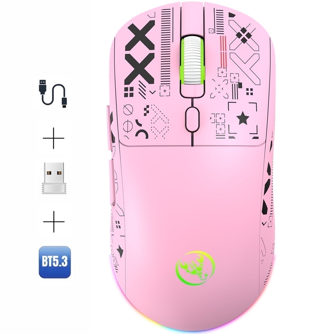 UHM Wireless Gaming Mouse,Colorful RGB Backlight,3600 DPI,Long Battery Standby,3 Mode USB-C/2.4G/Dual Bluetooth 5.3 Portable Rechargeable Gaming Mice for PC/PS5/Mac Computer and Laptop/Tablet,Pink