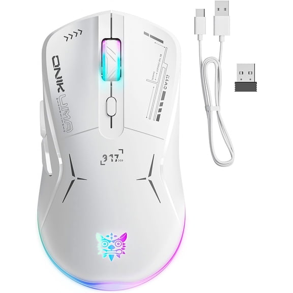 Wireless Gaming Mouse, Dual Mode 2.4G/USB-C Wired, 4800 DPI Adjustable, 6 Programmable Buttons, RGB 7-Color Lighting, 120g Lightweight Ergonomic Mouse for PC Mac Laptop (White)