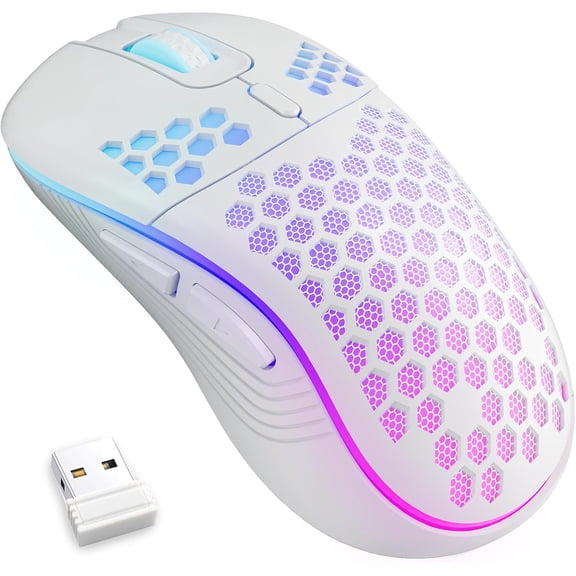 Wireless Gaming Mouse Honeycomb 2.4G USB Cordless Mouse RGB Rechargeable PC Game Mice with 7-Color LED Lights4 Adjustable DPI for Windows Laptop Desktop Computers -White