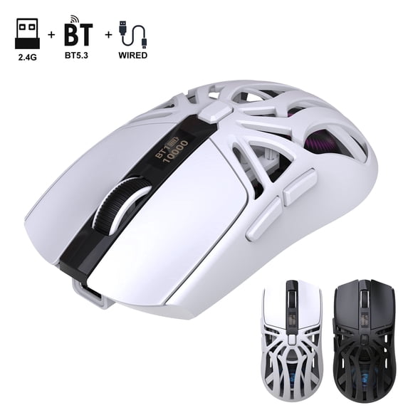 Wireless Gaming Mouse with Lightweight Design/Screen Power Display/10000DPI/7 RGB Backlight/3 Mode USB-C/2.4G/Dual Bluetooth 5.3 Portable Rechargeable Gaming Mice for PC/Mac Computer White