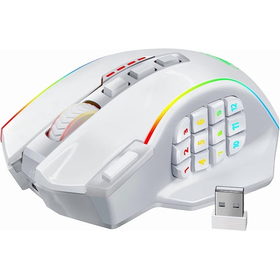 Wireless Gaming Mouse, MMO Gaming Mouse UP 16,000 DPI, 16 Macro Programmable Buttons, RGB Rechargeable Mouse with 12 Side Buttons, 70Hrs for PC Laptop MOBA FPS, White,M901P-WS