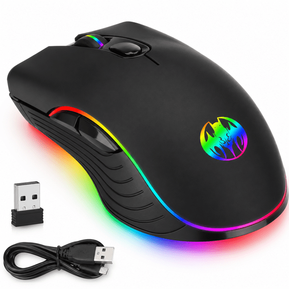 Wireless Gaming Mouse USB Rechargeable RGB LED Backlight Optical PC Mouse, 7 Color Light, 1600 DPI, 6 Buttons, Plug & Play for Laptop Desktop Gaming and Office