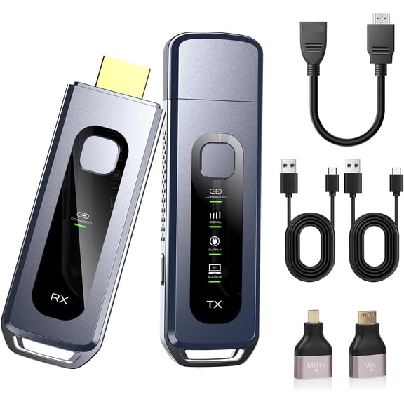Wireless HDMI Transmitter and Receiver, 1080P@60Hz, Plug & Play No Wifi, LED Display, One-Touch Privacy Button, Dual-Band HDMI Extender, Mirror & Extend Display Mode for Laptop PC to TV Projector