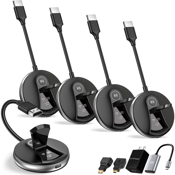 Wireless HDMI Transmitter and Receiver, 1TX+4RX Multi-Screen Extender for Multiple TVs, 165FT, 4K 1080P 60Hz, Plug and Play, Overheat Protection, 2.4G/5.8G for Laptop/Camera to TV/Projector/Monitor