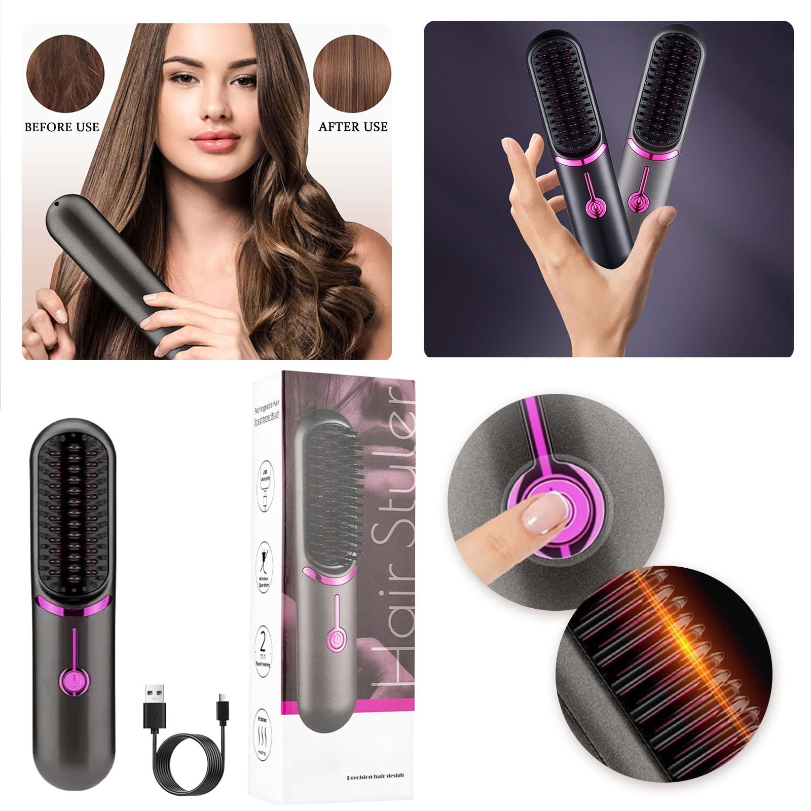 Wireless Hair Straightener Brush Portable Ceramic Comb for ...