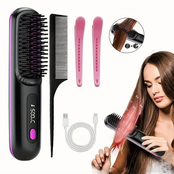 Wireless Hair Straightener Comb - 3-Temp Settings with Negative Ion Technology - USB Charging & LED Display - Lightweight Travel Styler with Comb/Clip