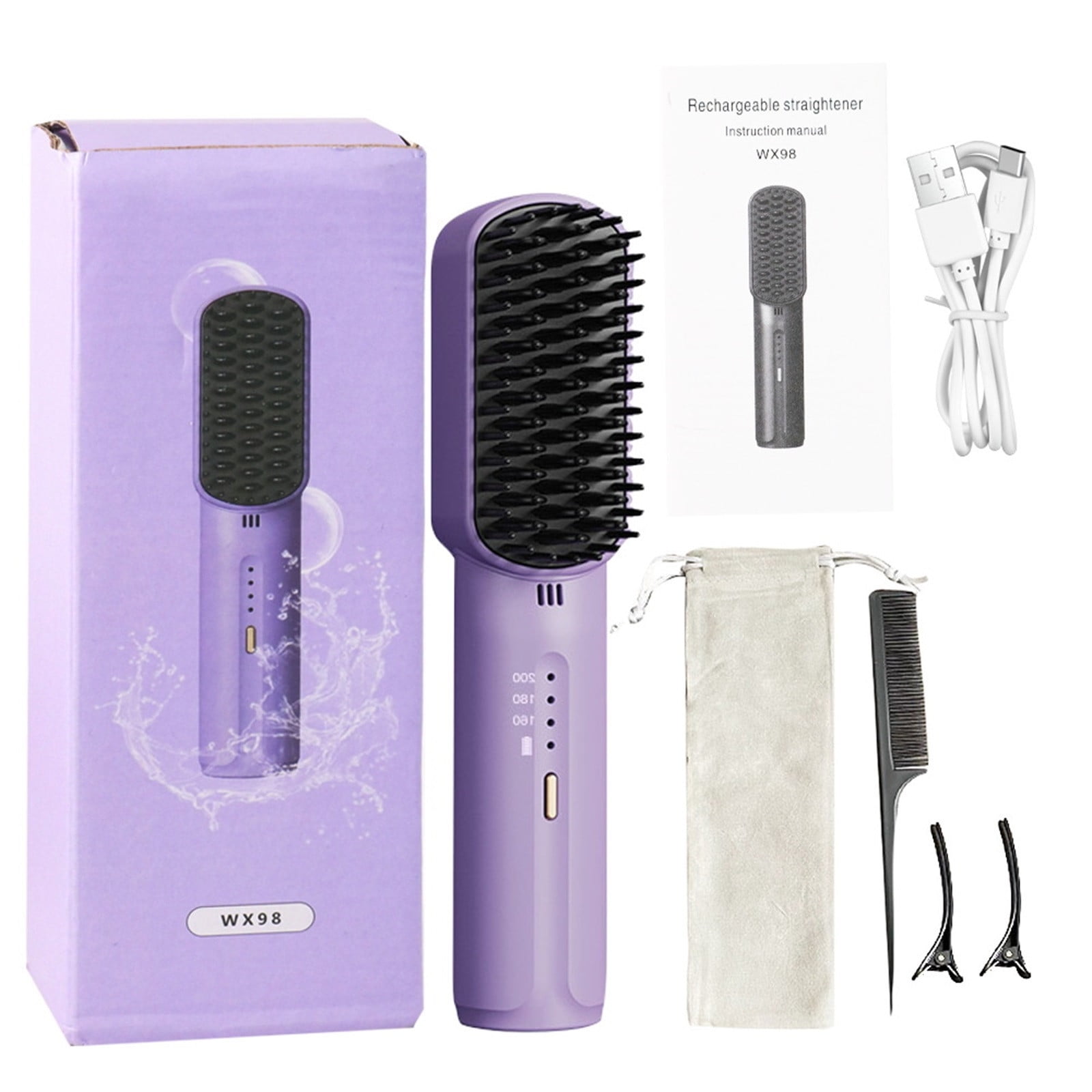 Cordless Hair Straightener Brush, 9600mAh Portable Heated Straightening Comb For Travel,Mini Negative Ion Cordless Hair Straightener Brush For Women With LCD Display (Black