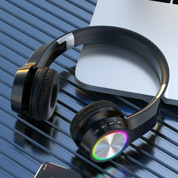Wireless Headphones, Bluetooth 5.1 Foldable Gaming Headset, HiFi Stereo Over-Ear Headphones with Built-in Mic Wired Mode Glow Lights Long Battery Life, Black