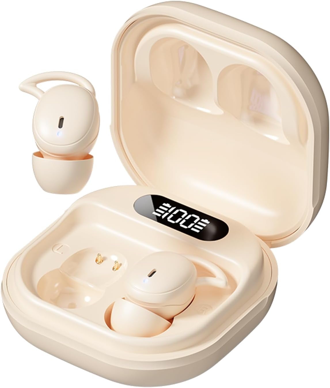 Wireless Earbuds, 5.4 Bluetooth Earphones with Charging Case & Digital Display, Sleep Earbuds for Side Sleepers, Hapyland Mini Sports Earbuds with Earhooks-Beige