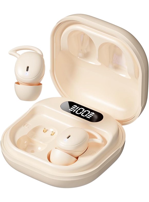 Wireless Earbuds, 5.4 Bluetooth Earphones with Charging Case & Digital Display, Sleep Earbuds for Side Sleepers, Hapyland Mini Sports Earbuds with Earhooks-Beige