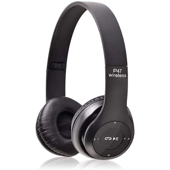 Wireless Headphones, P47 Bluetooth Over Ear Foldable Headset with Microphone Stereo Earphones Support FM Radio TF for PC TV Smart Phones-Black
