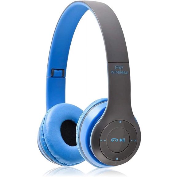 Wireless Headphones, P47 Bluetooth Over Ear Foldable Headset with Microphone Stereo Earphones Support FM Radio TF for PC TV Smart Phones-Blue