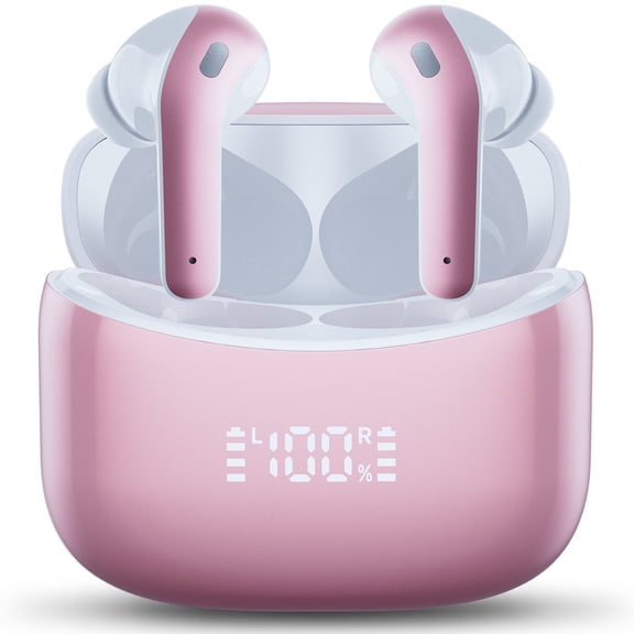 VEATOOL X15 Wireless Earbuds Bluetooth 5.2 Headphones,35H Hi-Fi Stereo Deep Bass Earphones with Noise Cancelling Mic IP7 Waterproof Sport Headset with LED Power Display for Laptop Pad Phones Pink