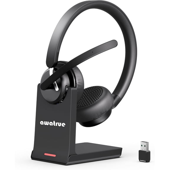 Wireless Headset, Bluetooth Headset with AI Noise Cancelling Microphone & Charging Base, 2.4GHz Wireless Headphones with USB Dongle for PC/Computer/Laptop/Remote Work/Call Center/Zoom