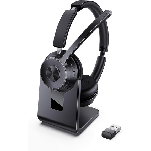 Wireless Headset, Bluetooth Headset with Noise Cancelling Microphone, Best Headphones with Mic Mute & USB Dongle for PC/Computer/Laptop/Cell Phones/Remote Work/Call Center