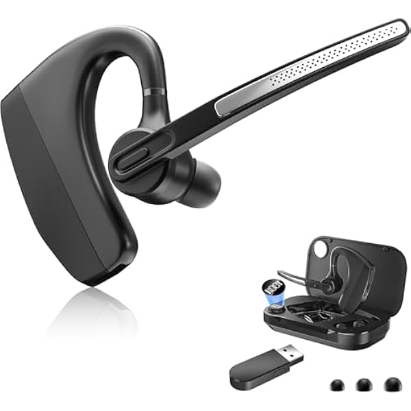 Wireless Headset Earpiece with USB Dongle & Noise Cancelling Mic for PC, Phone, Bluetooth Headphones Over-Ear with Microphone for Zoom Meetings, Work from Home, Trucker Use