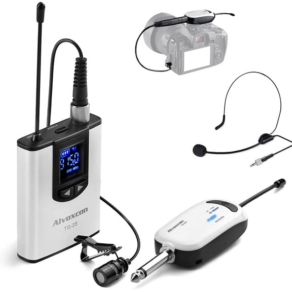 Wireless Headset Lavalier Microphone System -Alvoxcon Wireless Lapel Mic Best for IPhone, DSLR Camera, PA Speaker, Youtube, Podcast, Video Recording, Conference, Vlogging, Church, Interview,