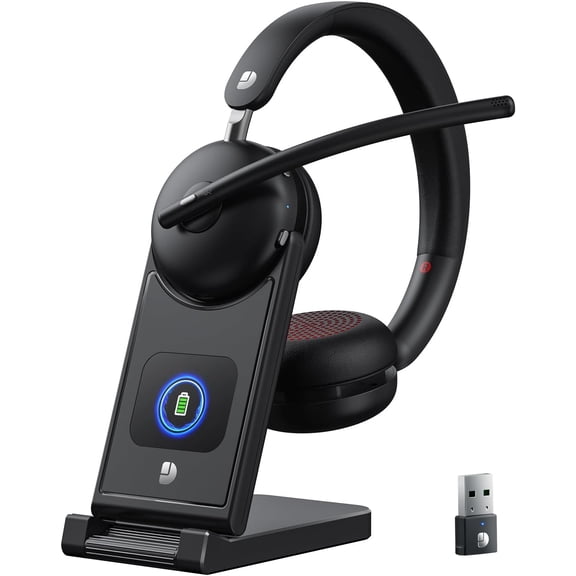 Wireless Headset with Mic for Work-Bluetooth 5.3 Headset with Microphone Noise Cancelling, Wireless Headsets with 65H Battery & 10Min Fast Charge, Smart Charging Dock for PC/Laptop/Team, Black